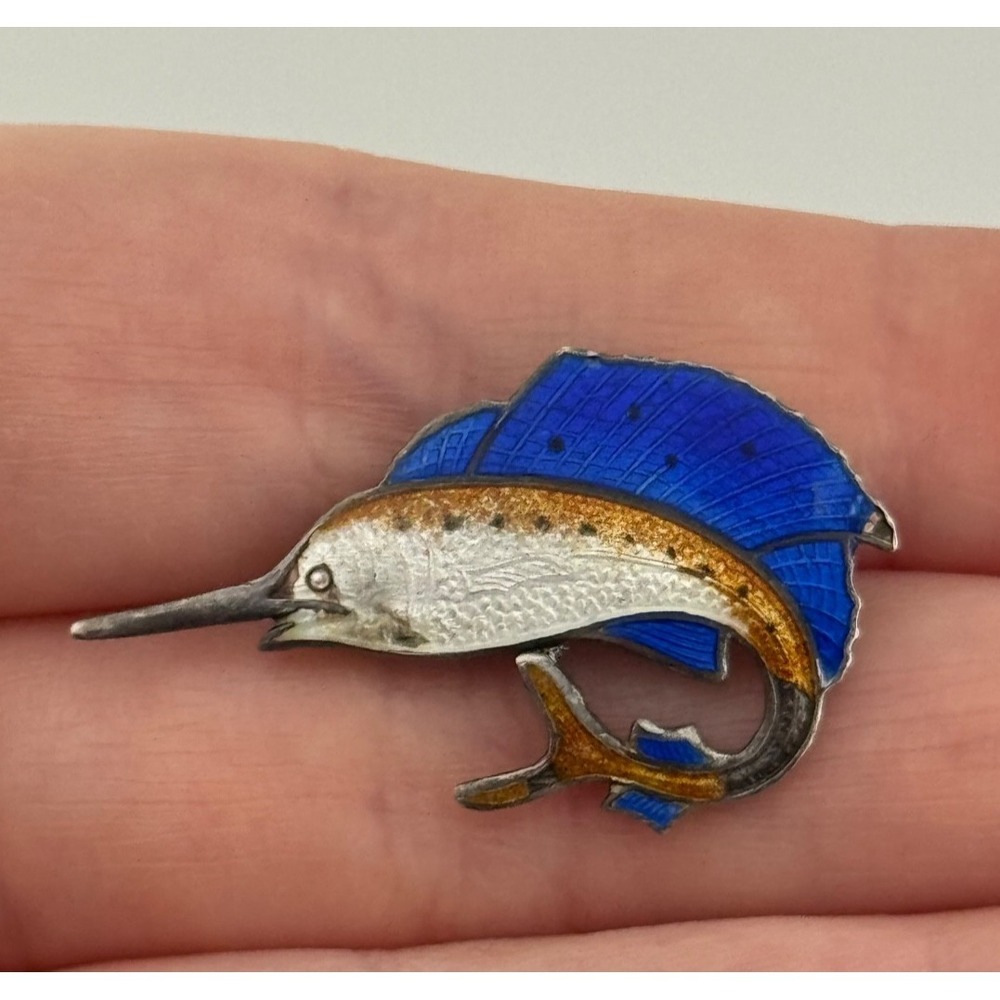 Vintage Sterling‎ Silver Multicolor Enamel Sailfish Fish Brooch Pin READ